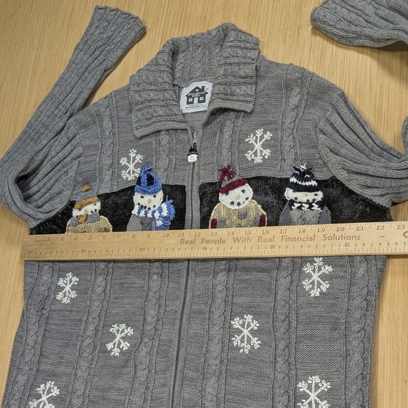 Storybook Knits Gray Snowman Snowflake Cable Knit Full Zip Cardigan Women's 1X - Picture 5 of 7